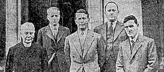 Outside UCD for the Second Finlay Lecture, 16 May 1934. [Left to Right] Thomas Finlay, J.C. Flood, Bertil Ohlin, H. Kennedy, George O'Brien